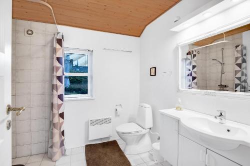 a bathroom with a toilet and a sink and a mirror at Cozy House In Grenaa, Close To A Lovely Sandy Beach in Grenå