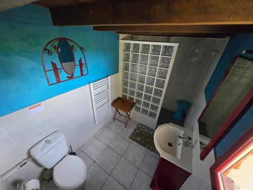 a bathroom with a white toilet and a window at maison volet rouge in Devay