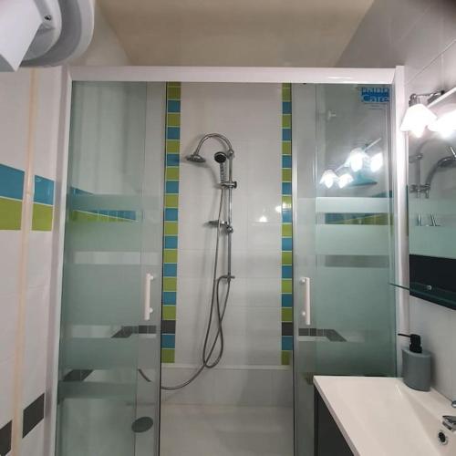 une salle de bain avec douche et lavabo dans l'établissement Studio 4 pers Résidence le petit bois à 300 m de la plage, à Argelès-sur-Mer