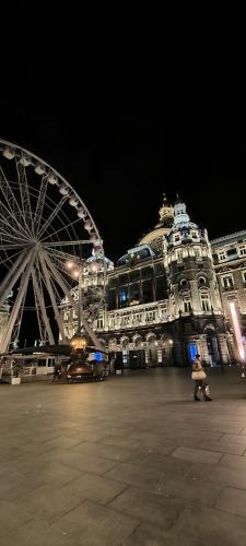 a large building with a ferris wheel at night at charmante studio 45m2 in Antwerp