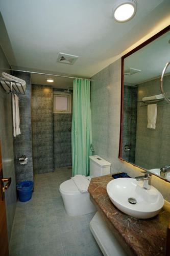 a bathroom with a sink and a toilet and a mirror at Royal Raj Hotel in Rājshāhi