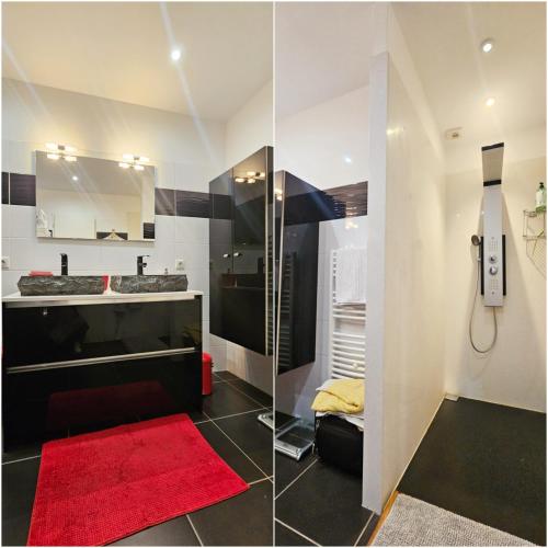 La salle de bains est pourvue d'un lavabo et d'un tapis rouge. dans l'établissement Elégant T3 tout équipé et confort proche parc expo et Arena, à Pérols