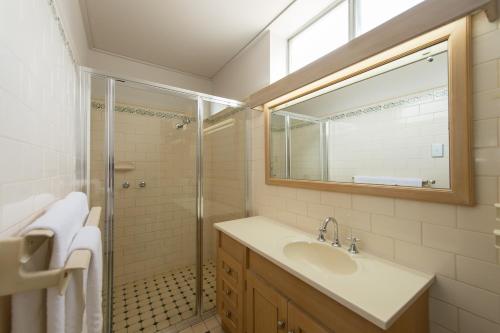 a bathroom with a sink and a shower and a mirror at Berri Hotel in Berri