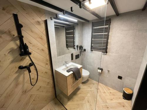 a bathroom with a sink and a shower at Pod Błękitnymi Podkowami in Wrocław