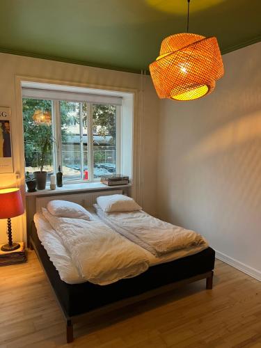 a bedroom with a bed and a window and a lamp at Spacious apartment in central Copenhagen in Copenhagen
