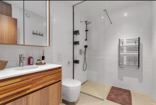 a bathroom with a shower and a toilet and a sink at Premium apartment Queen downtown in Reykjavík