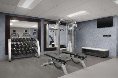 a gym with two rows of equipment and a mirror at Homewood Suites by Hilton Alexandria in Alexandria