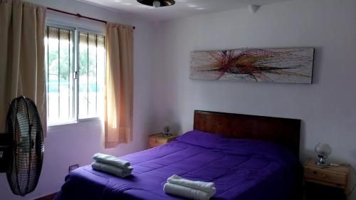 a bedroom with a bed with purple sheets and a window at Cabaña Doña Alicia in San Rafael