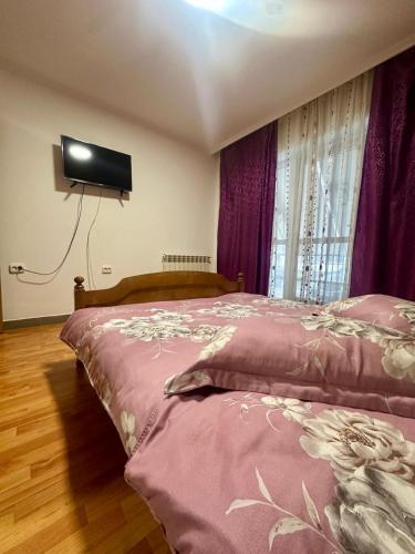 a bedroom with two beds and a flat screen tv at Garsoniera in Dorohoi
