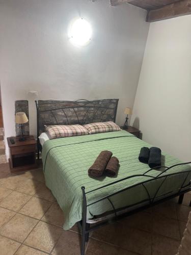 a bedroom with a green bed with two towels on it at La Corte dei Celti in San Benedetto Del Querceto