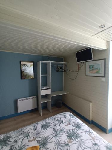 Cette chambre comprend un lit, une étagère et une télévision. dans l'établissement La Tarrière, à Le Bernard