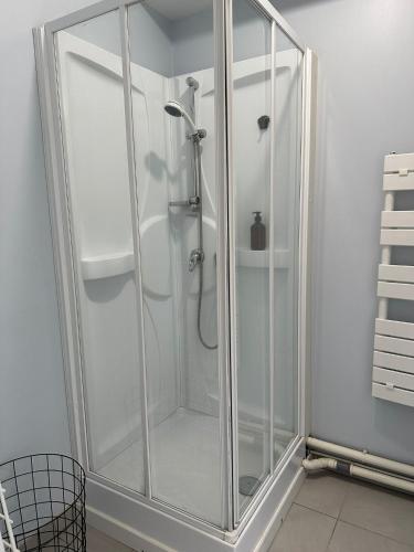 une douche avec une cabine en verre dans une salle de bain dans l'établissement Appartement avec grande terrasse et parking, à Marcq-en-Barœul