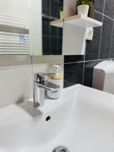 a bathroom sink with a faucet and a mirror at Apartments Paradise in Ličko Petrovo Selo
