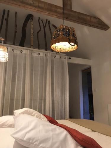 a bedroom with a bed with a curtain and a mirror at VILLA HENRI in Flavy-le-Martel