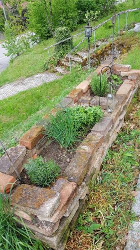 a garden with rocks and plants in a yard at Unser Woidhaisl - idyllisches Ferienhaus im Bayerischen Wald in Neukirchen