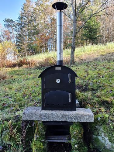 a black stove sitting in the grass in a field at Unser Woidhaisl - idyllisches Ferienhaus im Bayerischen Wald in Neukirchen