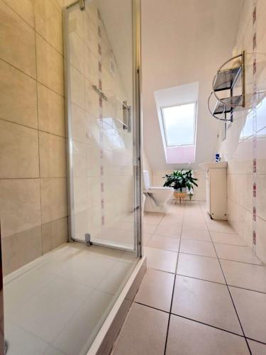 a bathroom with a shower and a tiled floor at Noclegi u Belli in Jugowice