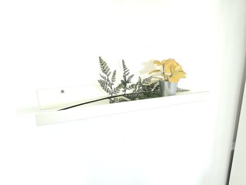a white shelf with plants on it at Marianne, Apartament 2 Camere, Viilor 9 in Chiajna