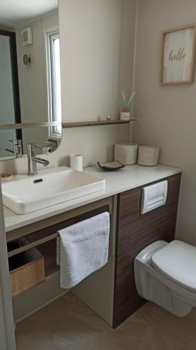 une salle de bain avec un lavabo, des toilettes et un miroir dans l'établissement Sea View Amazing, à Saint-Raphaël