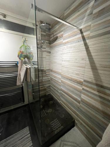 une douche avec une porte vitrée dans une salle de bain dans l'établissement Chez Tiffy - Family Friendly à Annecy, à Annecy