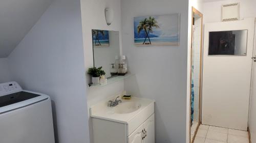 a white bathroom with a sink and a washing machine at CosyRoom in Brossard