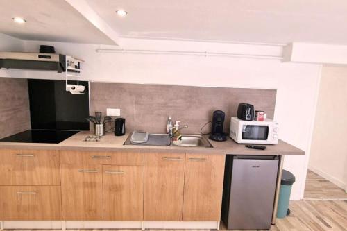 une cuisine avec un évier et un micro-ondes dans l'établissement Maison Aurillac - 2 chambres - parking gratuit, à Aurillac