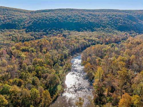 an aerial view of a river in a forest at Herons Rest -- Riverfront, Fire Pit, All seasons Porch, Grill, Games, Fishing, Deck, Wifi, River view in Great Cacapon