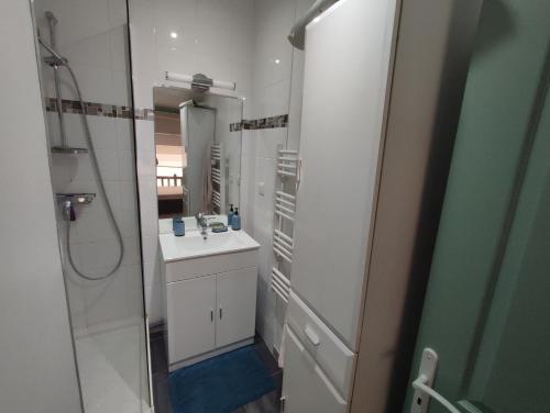 une salle de bain avec une douche, un lavabo et un miroir dans l'établissement Cap d'Agde duplex l'Olivier vue mer 5 à 6 pers, au Cap d'Agde