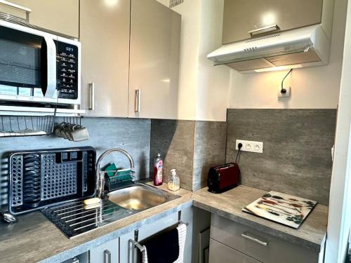 une cuisine avec un évier et un micro-ondes dans l'établissement Pieds dans l'eau vue mer, à Saint-Hilaire-de-Riez