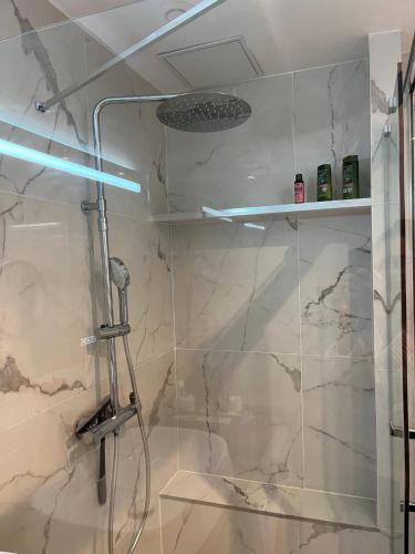 une salle de bain avec une douche avec pommeau de douche dans l'établissement Location Studio Luxe Villejuif, à Villejuif