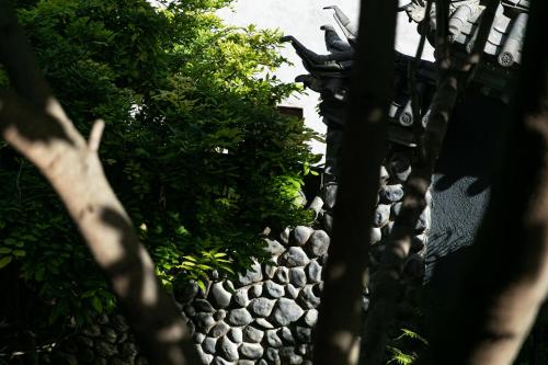 a stone wall with plants on top of it at Gucheng Lanshe Designer Garden B&B in Lijiang