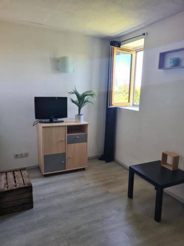 un salon avec une télévision et une table dans l'établissement Le Zénith, à Sotteville-lès-Rouen