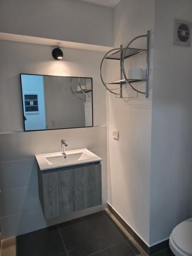 a bathroom with a sink and a mirror and a toilet at SAM Apartment Cusco in Cusco