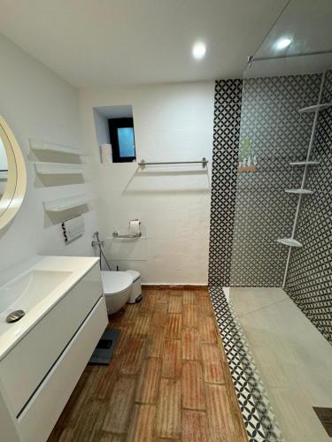 a bathroom with a shower and a toilet and a sink at Casa 3 limões in São Brás de Alportel