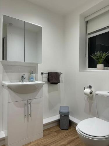 a white bathroom with a sink and a toilet at Tynemouth Haven, Luxurious three bed family home in Tynemouth
