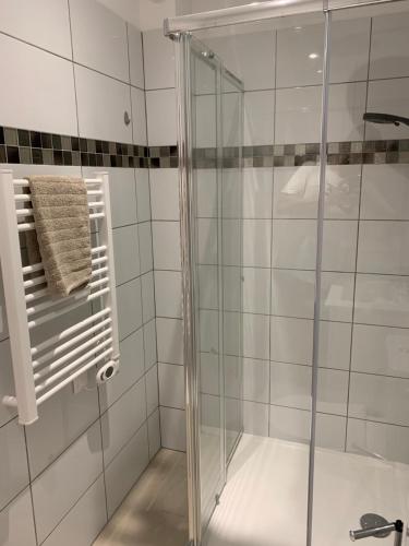 une douche avec une porte vitrée dans une salle de bain dans l'établissement Les apparts de St Jo, à Ajaccio