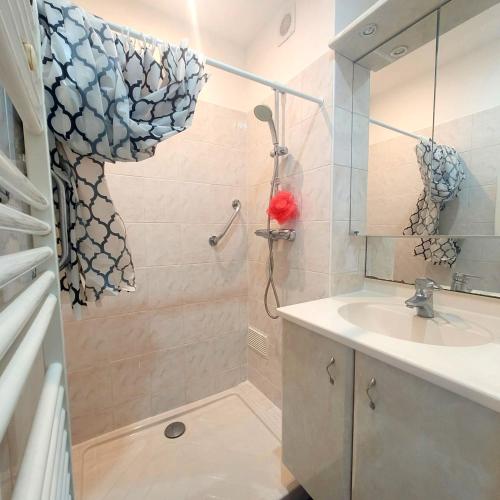 une salle de bain avec douche et lavabo dans l'établissement Élégant 3 Chambres avec Parking, à Grenoble