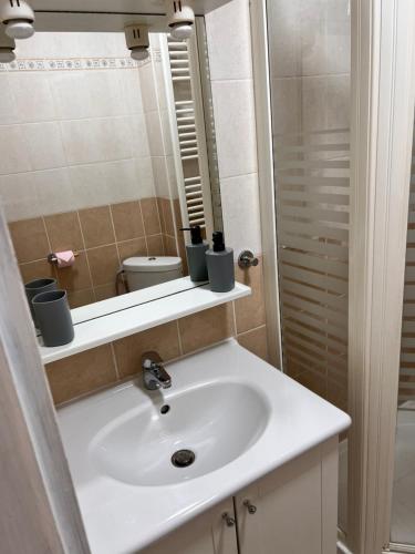 une salle de bain avec un lavabo blanc et une douche dans l'établissement Belle Chambre chez l'habitant frontière Luxembourg, à Audun-le-Tiche
