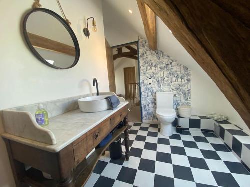 une salle de bain avec un lavabo et des toilettes dans l'établissement Maison de campagne LA MELIBELLE avec jardin, à Le Bignon-Mirabeau