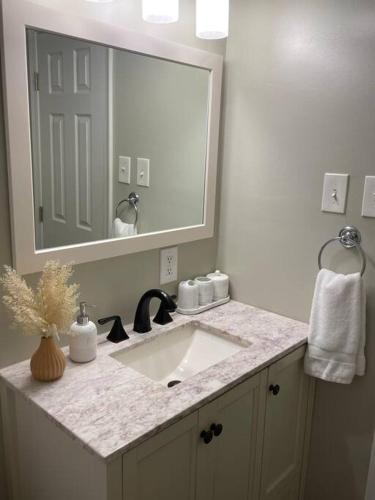 a bathroom with a sink and a large mirror at Perfect Lehigh Valley Oasis in Bethlehem