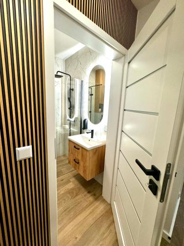 a bathroom with a sink and a mirror at LOFT APARTAMENT III NAMYSŁÓw in Namysłów