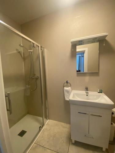 a bathroom with a shower and a sink at Dream Yard Apartments in Southend-on-Sea