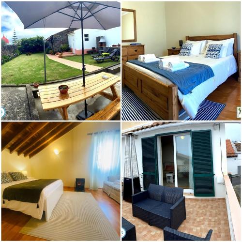 a collage of pictures of a bedroom with a bed and an umbrella at Alojamento CASA DA FIGUEIRA in Ponta Delgada