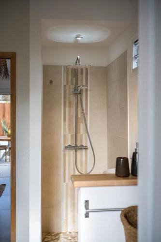 a shower in the corner of a bathroom at Sweet Cane Tiny House & Pool in Saint-François