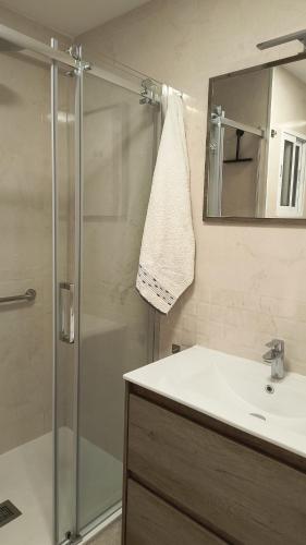 a bathroom with a shower and a sink and a mirror at Apartamento Altea Centro in Altea