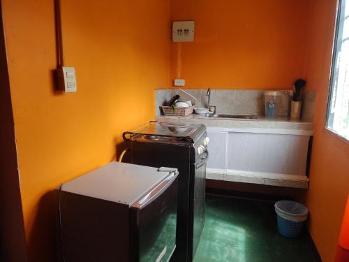 a small kitchen with a stove and a sink at Biohotel Caribe Green in Santa Marta