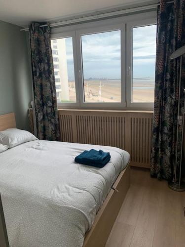 une chambre avec un lit avec vue sur la plage dans l'établissement Bel appartement 1 chambre vue mer Malo-les-Bains, à Dunkerque