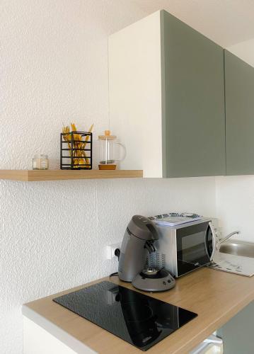 un four micro-ondes installé au-dessus d'un comptoir de cuisine dans l'établissement Le Skate Beach studio proche plage, à Calais
