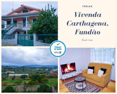 a collage of pictures of a living room with a fireplace at Vivenda Carthagena, House Fundão in Fundão