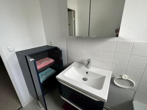 a small bathroom with a sink and a mirror at Appart Orleans Gare in Orléans